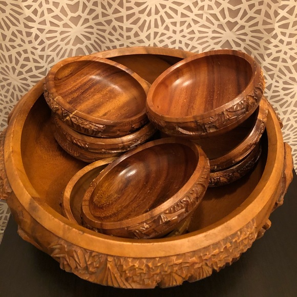 RARE Vintage Large Wooden Carved Salad Bowl Set - Picture 10 of 16